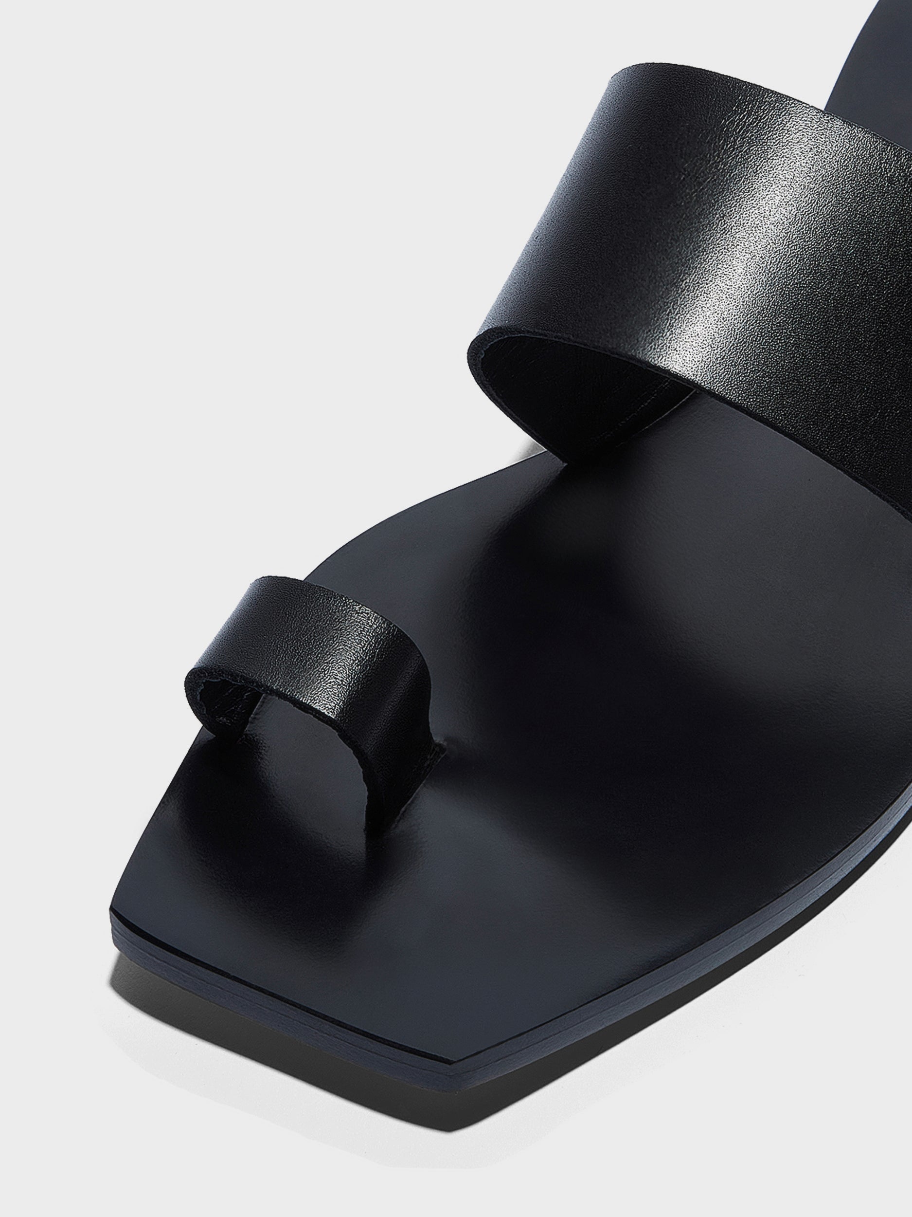 Aeyde | Sibel Leather Flat Sandals for Women | Black Calf | Square Toe | Flat Heel | Heel Details