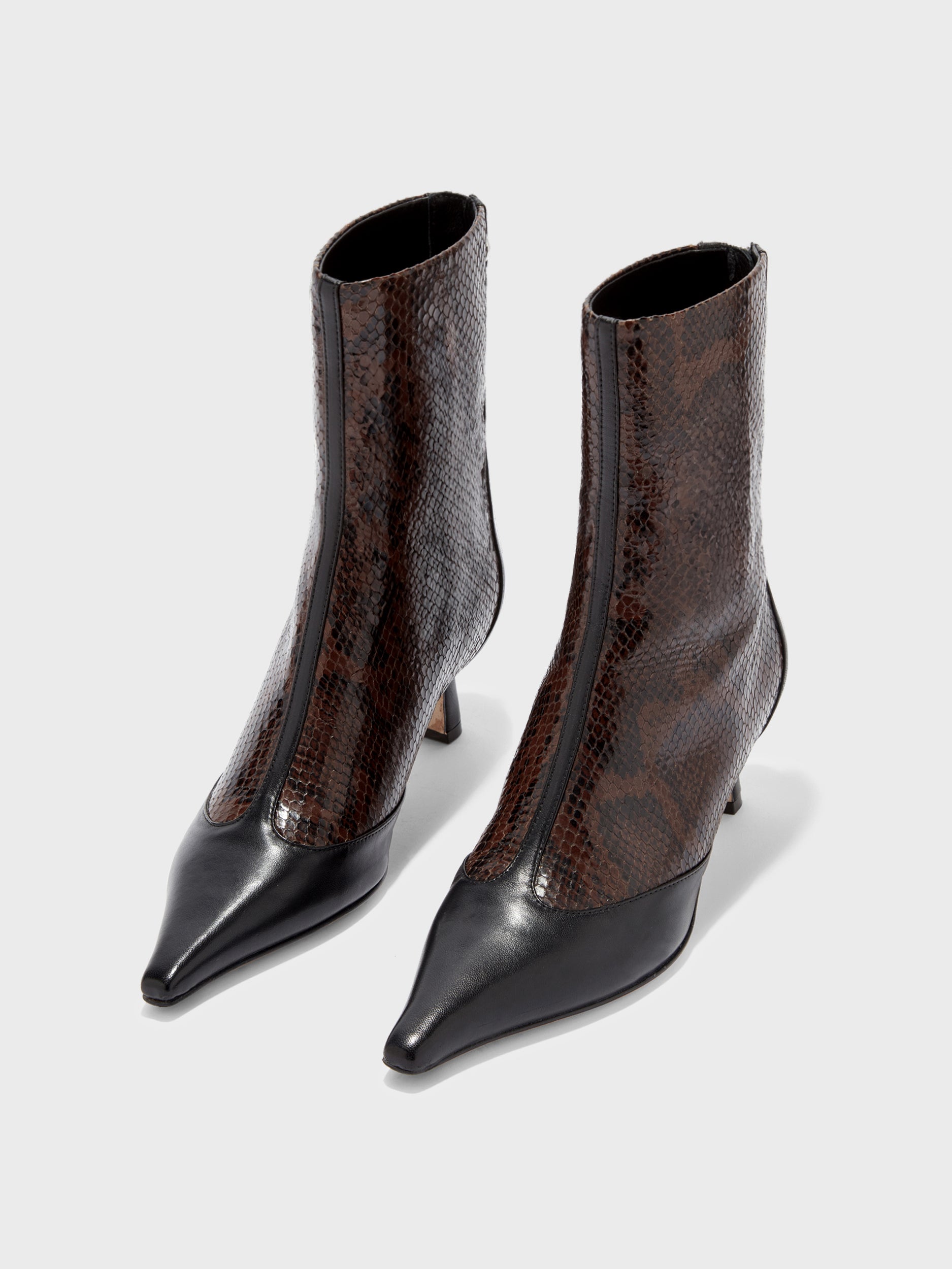 Aeyde | Sila Leather Ankle Boots for Women | Moka/Black Snake/Nappa | Pointed Toe | Mid Heel | Luxury Materials | Handmade in Italy