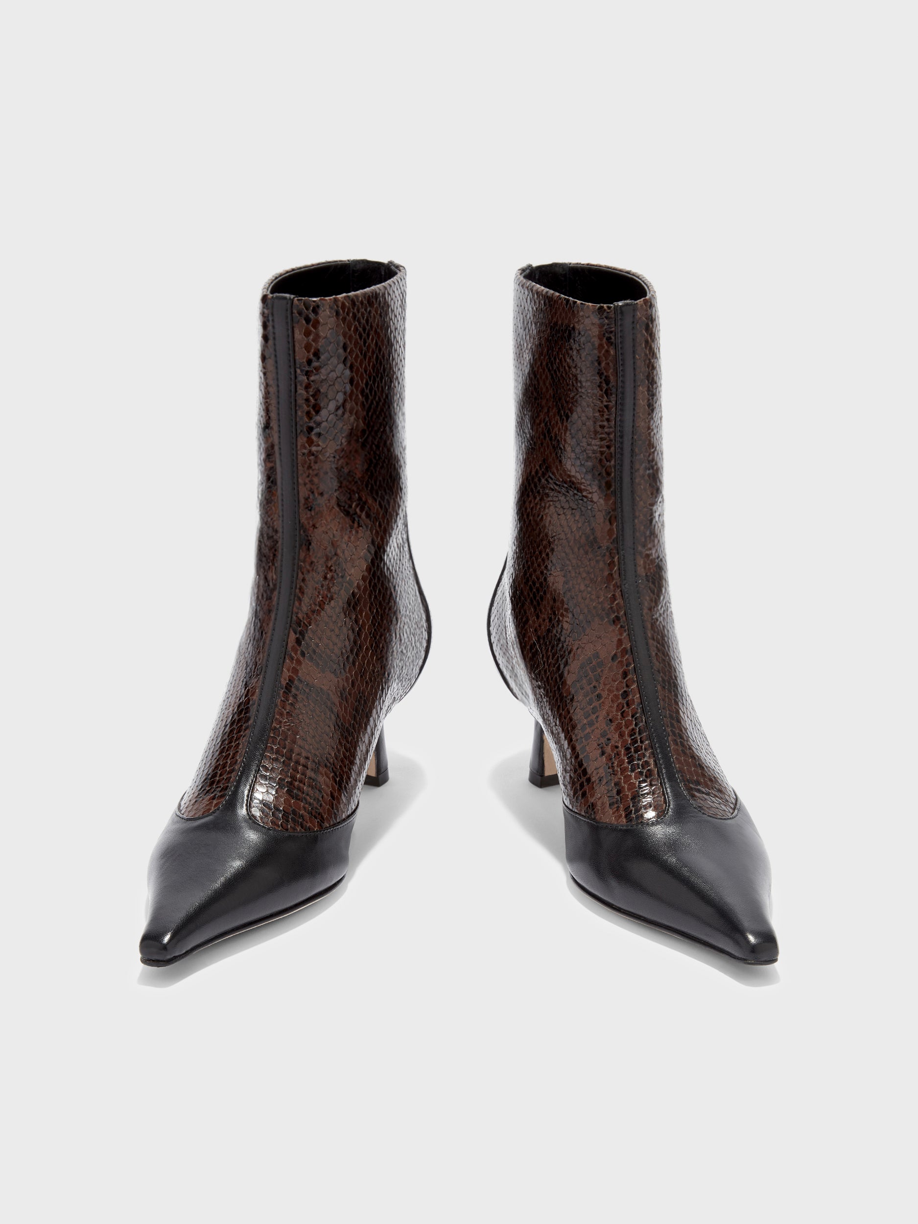 Aeyde | Sila Leather Ankle Boots for Women | Moka/Black Snake/Nappa | Pointed Toe | Mid Heel | Front View