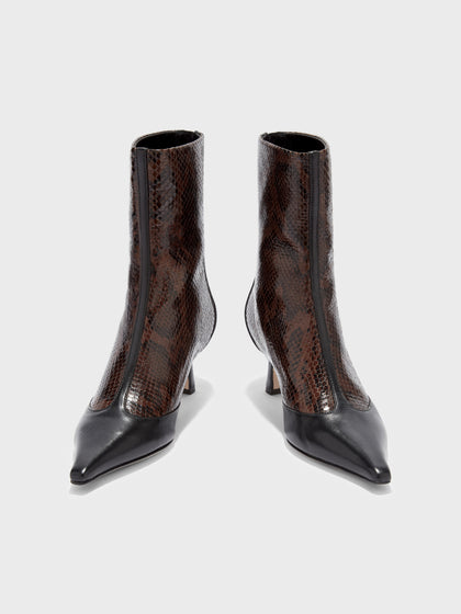 Aeyde | Sila Leather Ankle Boots for Women | Moka/Black Snake/Nappa | Pointed Toe | Mid Heel | Front View