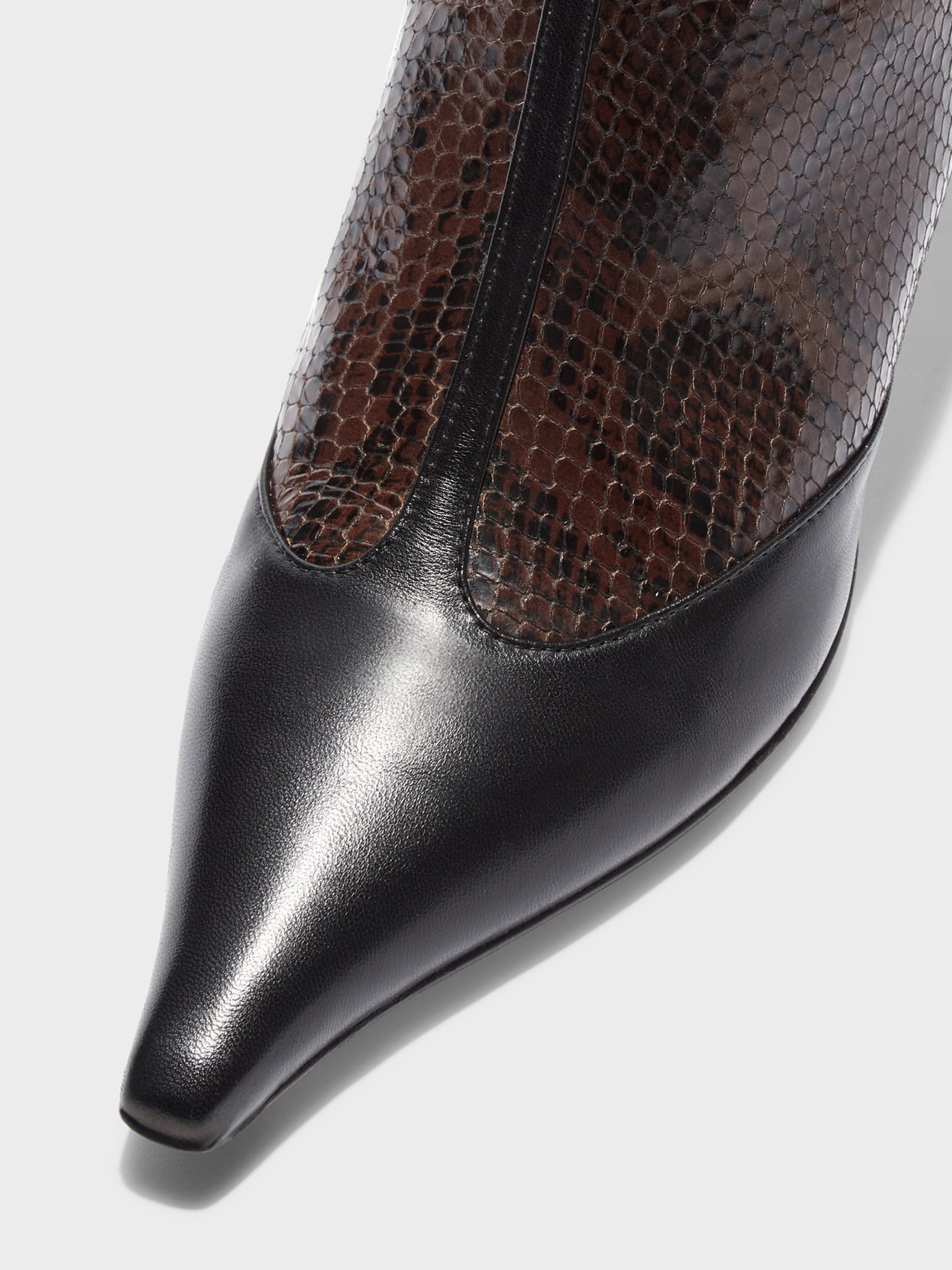 Aeyde | Sila Leather Ankle Boots for Women | Moka/Black Snake/Nappa | Pointed Toe | Mid Heel | Heel Details