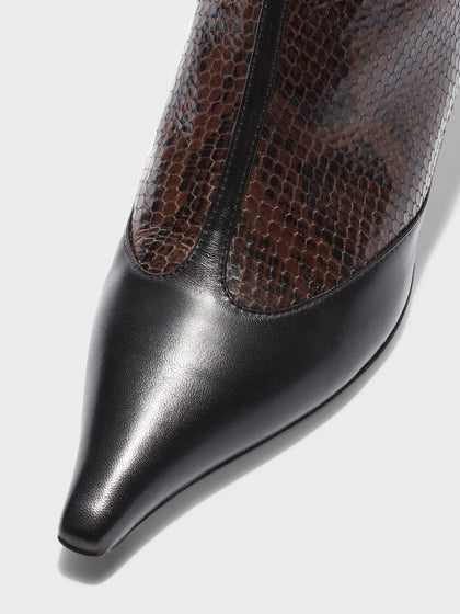 Aeyde | Sila Leather Ankle Boots for Women | Moka/Black Snake/Nappa | Pointed Toe | Mid Heel | Heel Details