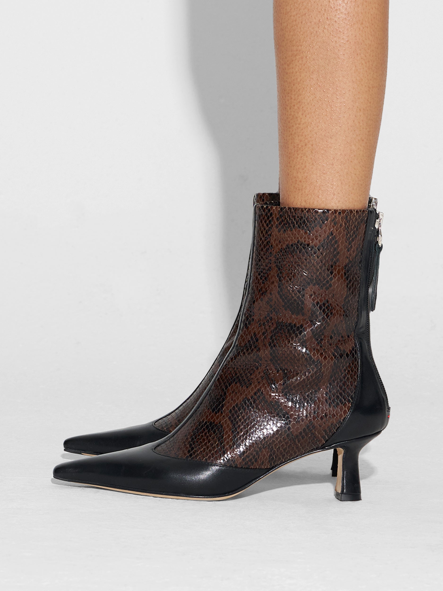Aeyde | Sila Leather Ankle Boots for Women | Moka/Black Snake/Nappa | Pointed Toe | Mid Heel | How to Style