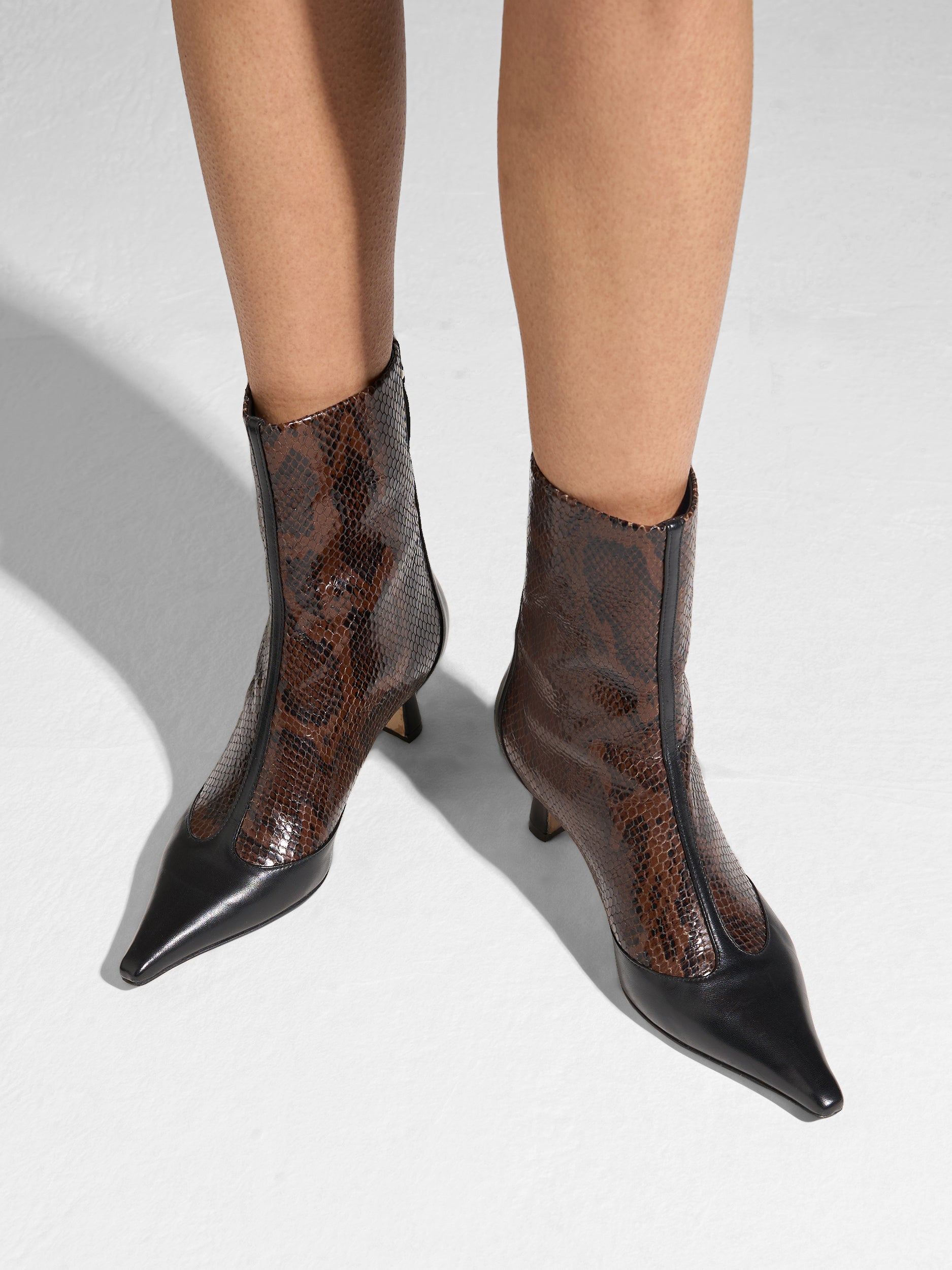 Aeyde | Sila Leather Ankle Boots for Women | Moka/Black Snake/Nappa | Pointed Toe | Mid Heel | On Feet