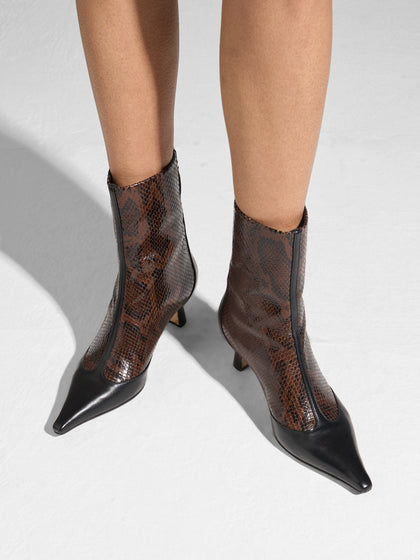 Aeyde | Sila Leather Ankle Boots for Women | Moka/Black Snake/Nappa | Pointed Toe | Mid Heel | On Feet