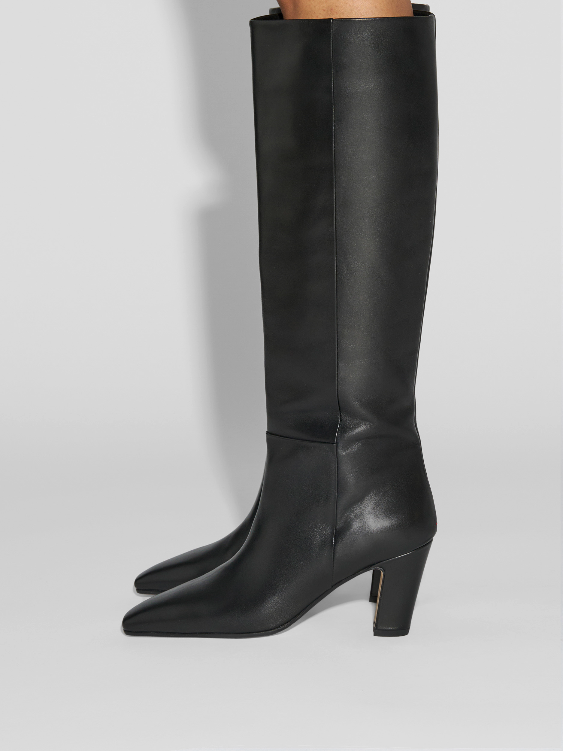 Aeyde | Silva Knee-High Boots Leather Knee High Boots for Women | Black Calf | Square Toe | High Heel | How to Style