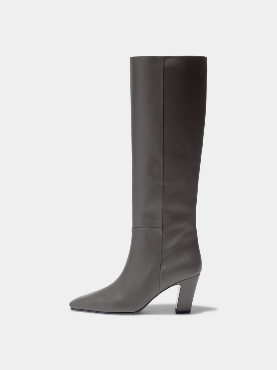 Aeyde | Silva Knee-High Boots Leather Knee High Boots for Women | Taupe Calf | Square Toe | High Heel | Side View