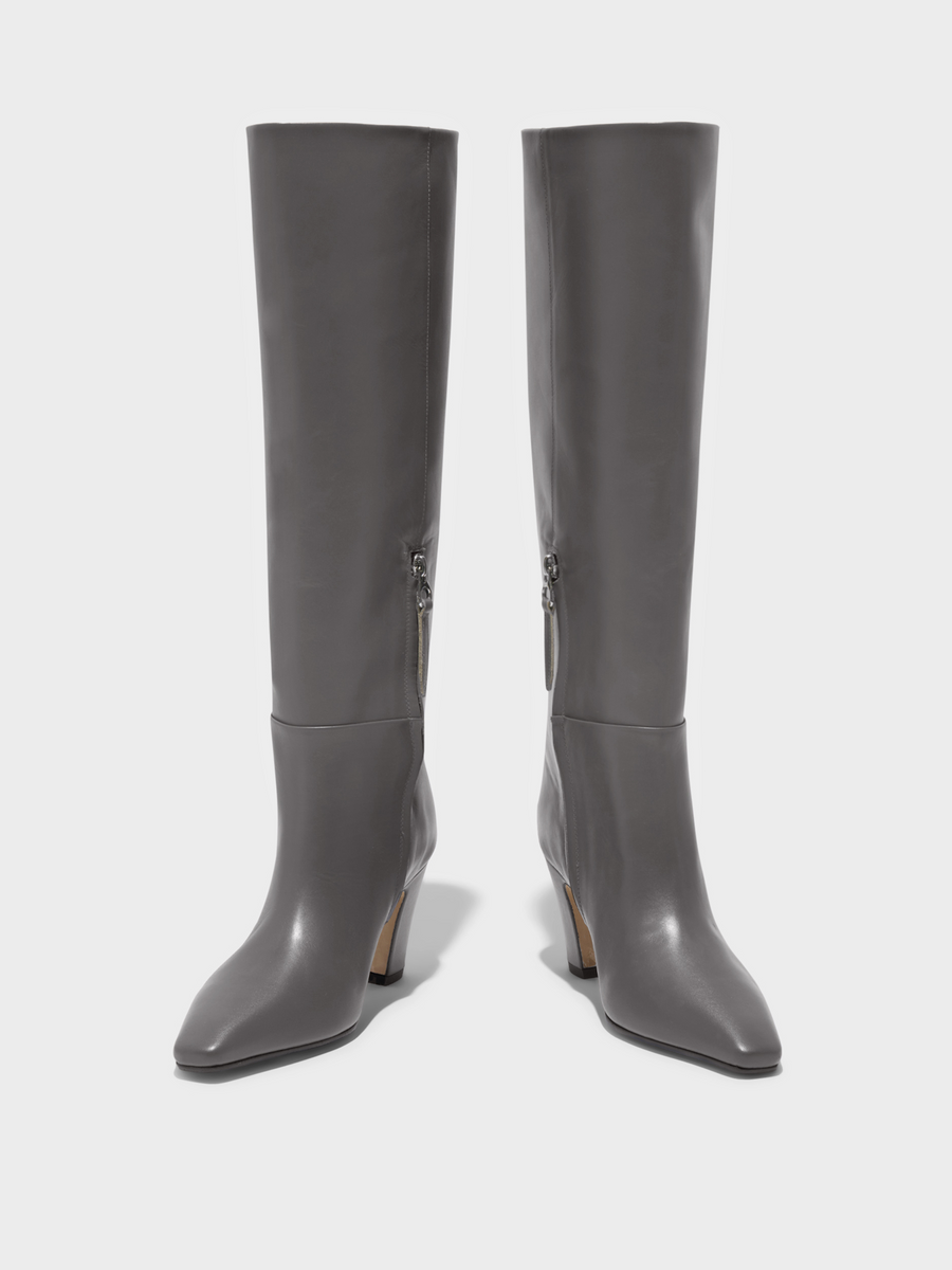 Aeyde | Silva Knee-High Boots Leather Knee High Boots for Women | Taupe Calf | Square Toe | High Heel | Front View