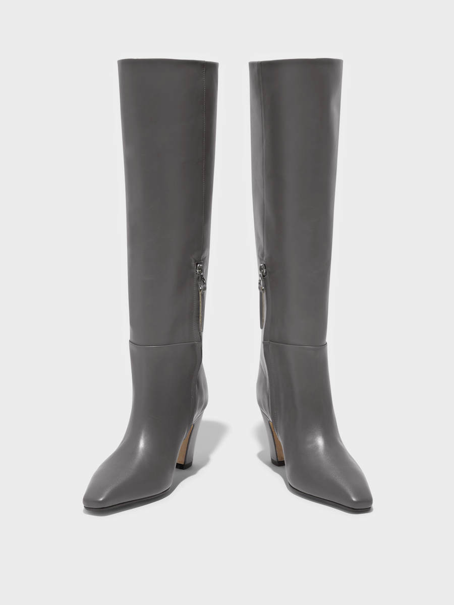 Aeyde | Silva Knee-High Boots Leather Knee High Boots for Women | Taupe Calf | Square Toe | High Heel | Heel Details