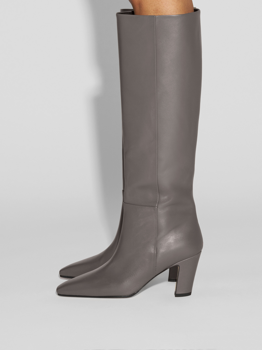 Aeyde | Silva Knee-High Boots Leather Knee High Boots for Women | Taupe Calf | Square Toe | High Heel | How to Style