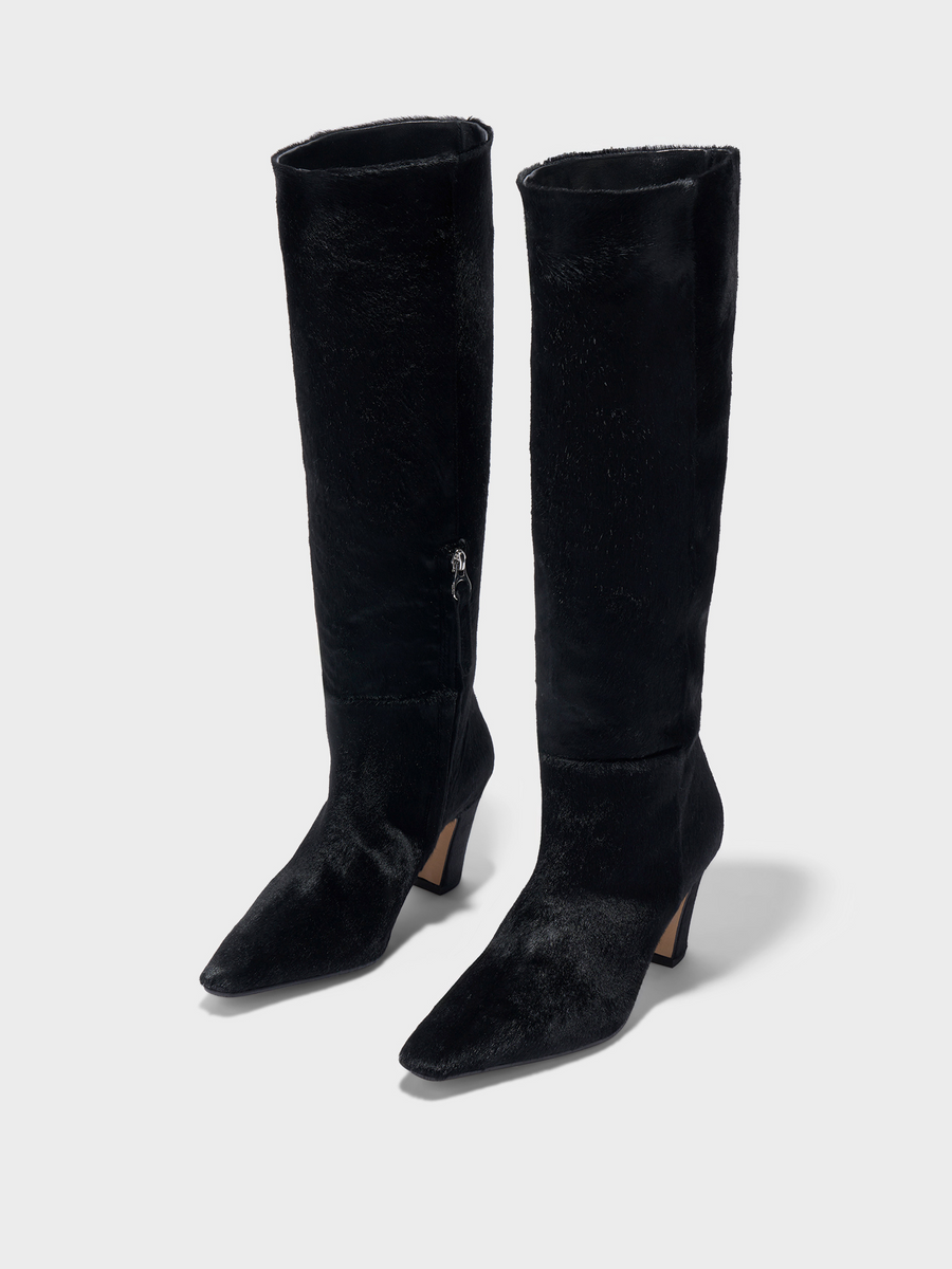 Aeyde | Silva Knee-High Boots Leather Knee High Boots for Women | Black Ponyhair | Square Toe | High Heel | On Feet