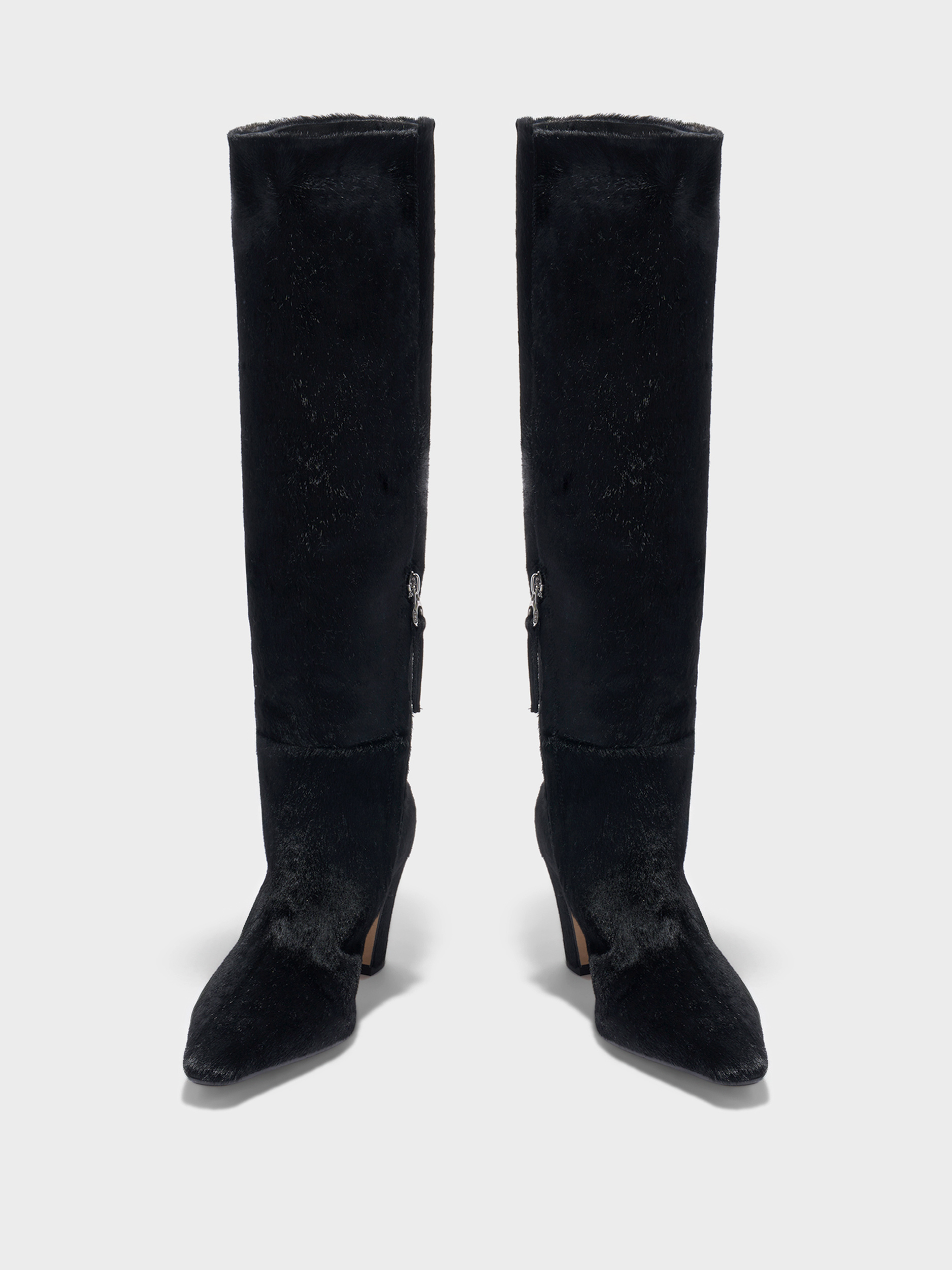 Aeyde | Silva Knee-High Boots Leather Knee High Boots for Women | Black Ponyhair | Square Toe | High Heel | Heel Details
