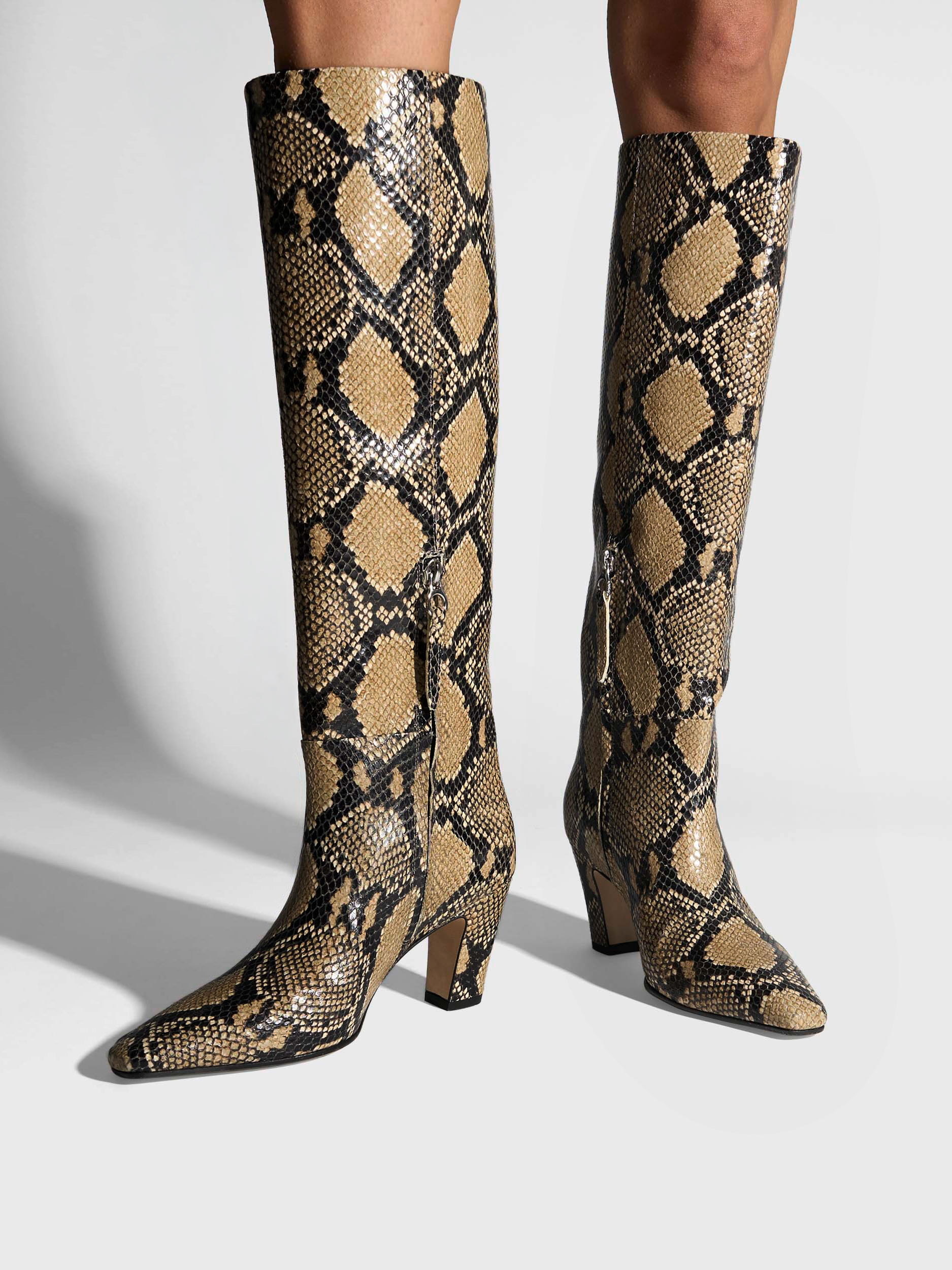 Aeyde | Silva Knee-High Boots Leather Knee High Boots for Women | Hazelnut Snake | Square Toe | High Heel | On Feet