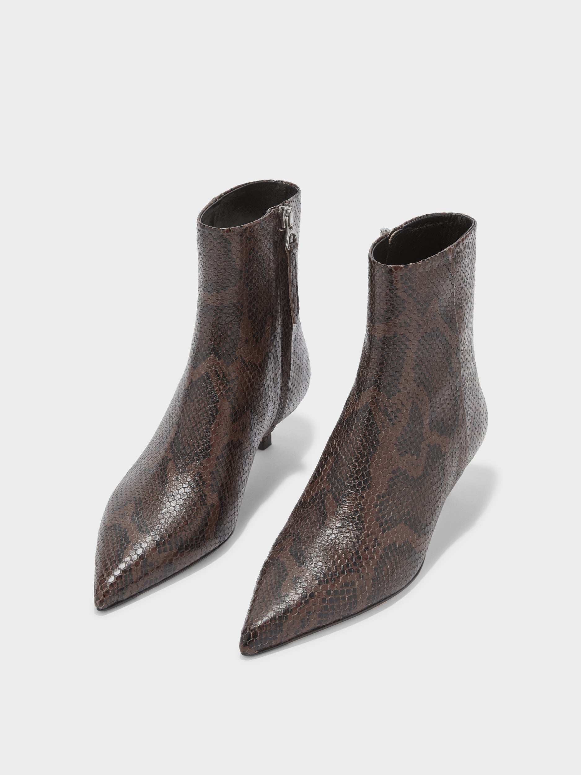 Aeyde | Sofie Leather Ankle Boots for Women | Moka Snake | Pointed Toe | Low Heel | Luxury Materials | Handmade in Italy