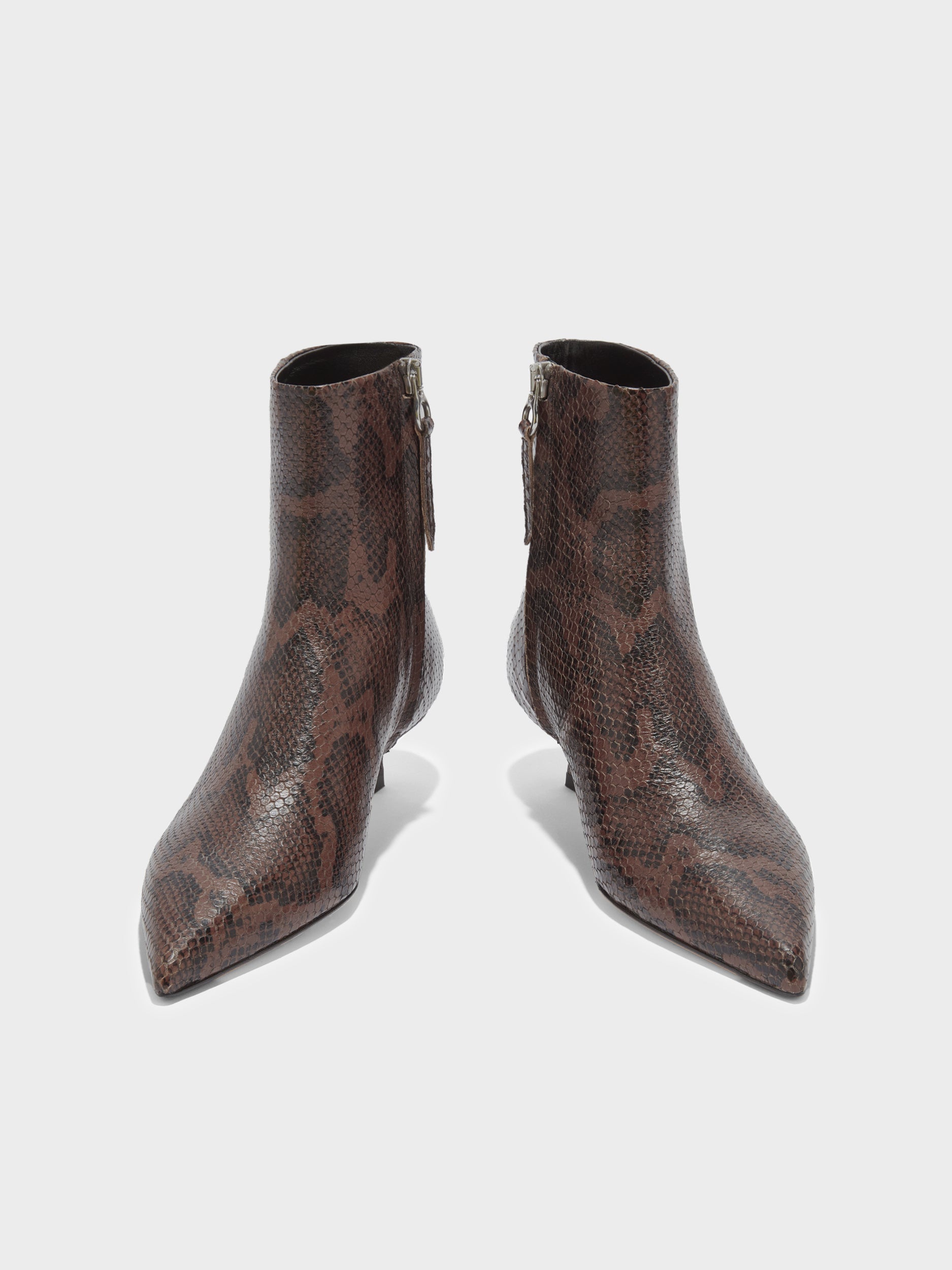 Aeyde | Sofie Leather Ankle Boots for Women | Moka Snake | Pointed Toe | Low Heel | Front View