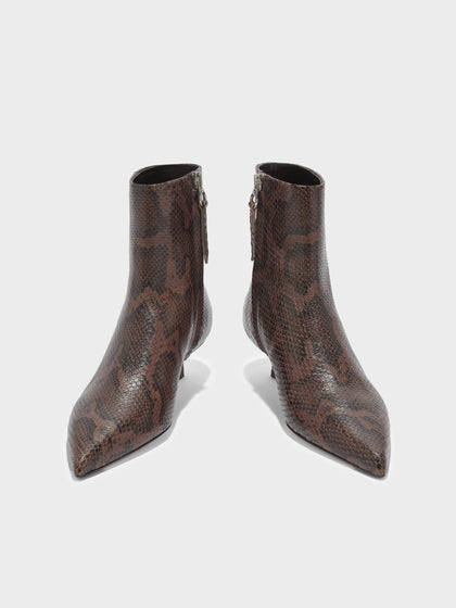 Aeyde | Sofie Leather Ankle Boots for Women | Moka Snake | Pointed Toe | Low Heel | Front View