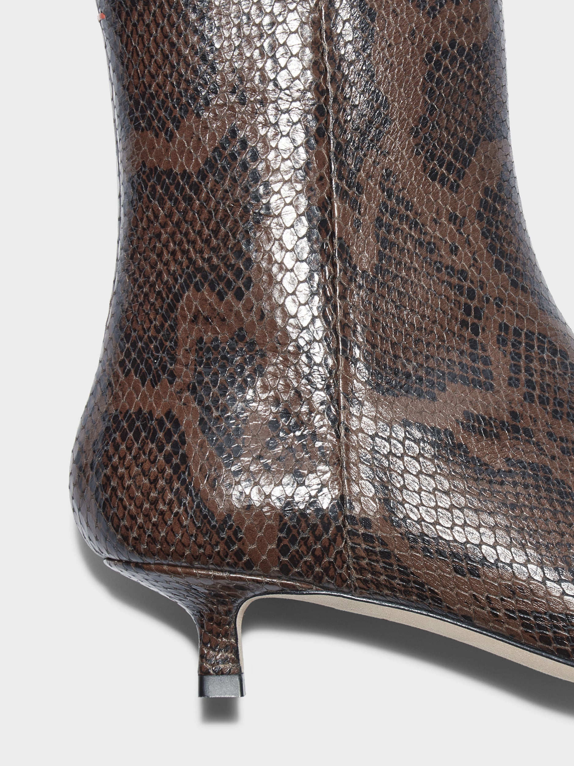 Aeyde | Sofie Leather Ankle Boots for Women | Moka Snake | Pointed Toe | Low Heel | Heel Details