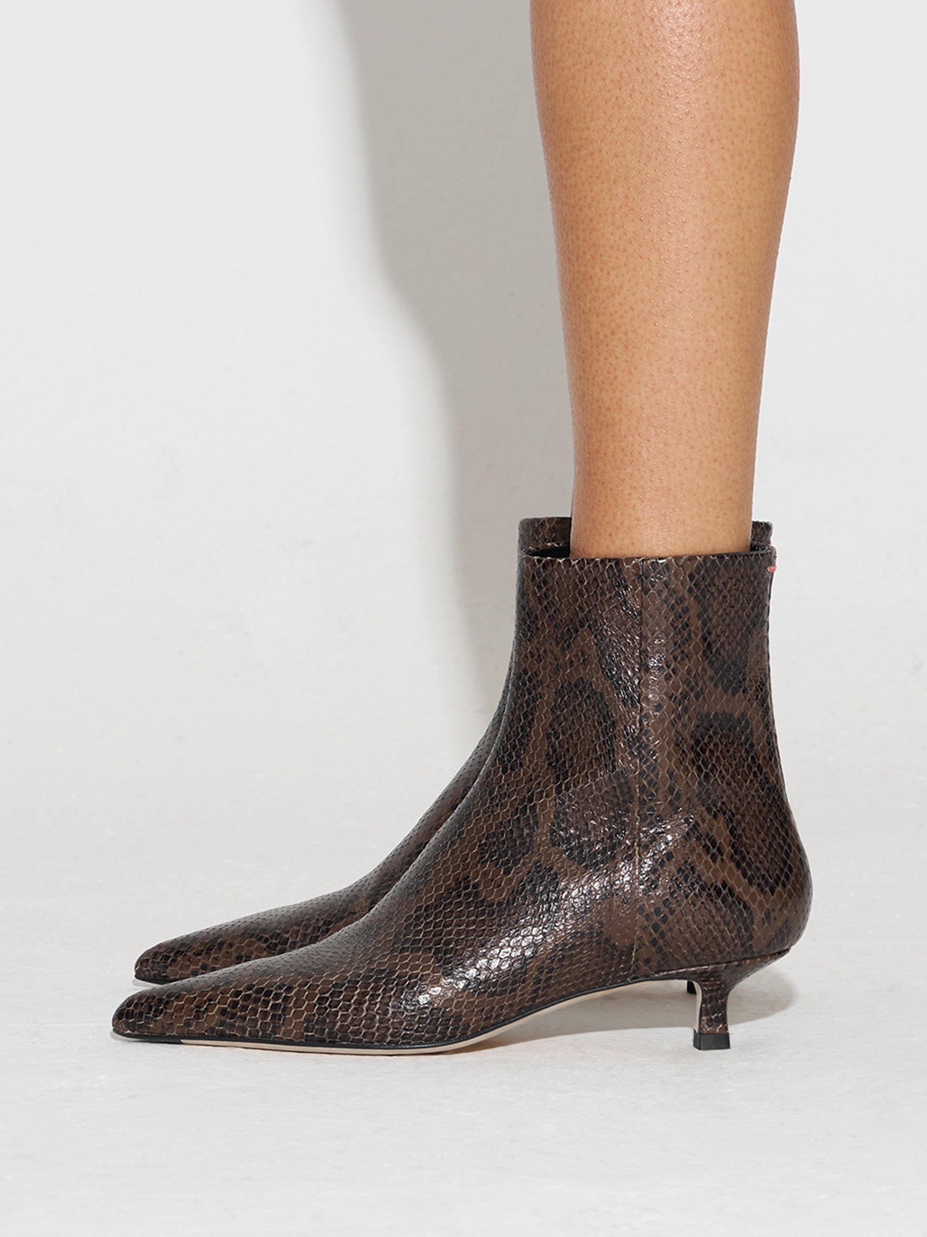 Aeyde | Sofie Leather Ankle Boots for Women | Moka Snake | Pointed Toe | Low Heel | How to Style