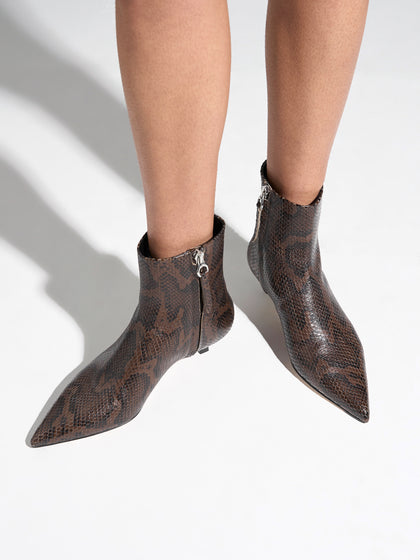 Aeyde | Sofie Leather Ankle Boots for Women | Moka Snake | Pointed Toe | Low Heel | On Feet