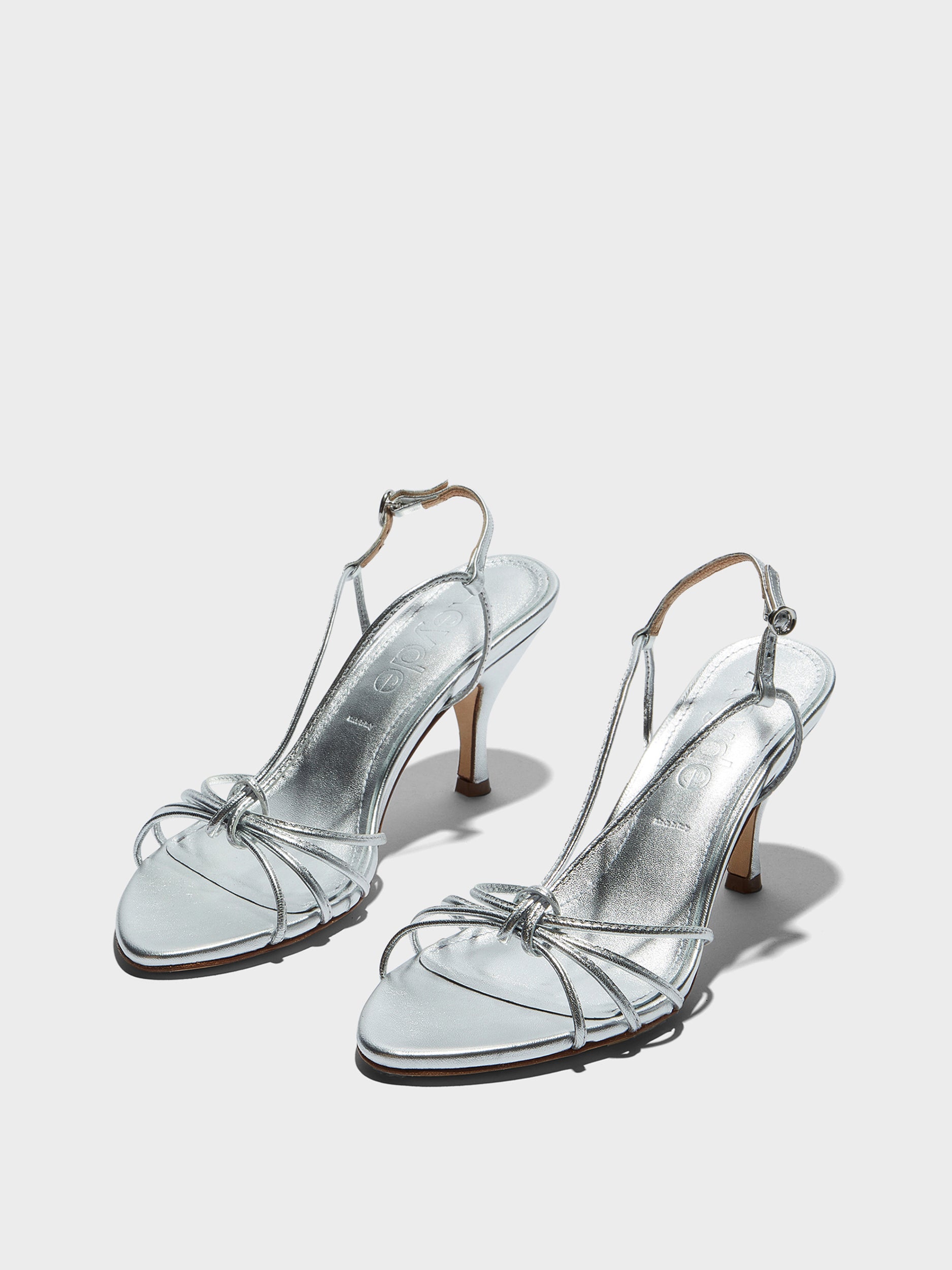 Aeyde | Solange Leather Heeled Sandals for Women | Silver Laminated Nappa | Round Toe | High Heel | Luxury Materials | Handmade in Italy