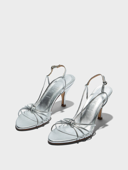 Aeyde | Solange Leather Heeled Sandals for Women | Silver Laminated Nappa | Round Toe | High Heel | Luxury Materials | Handmade in Italy