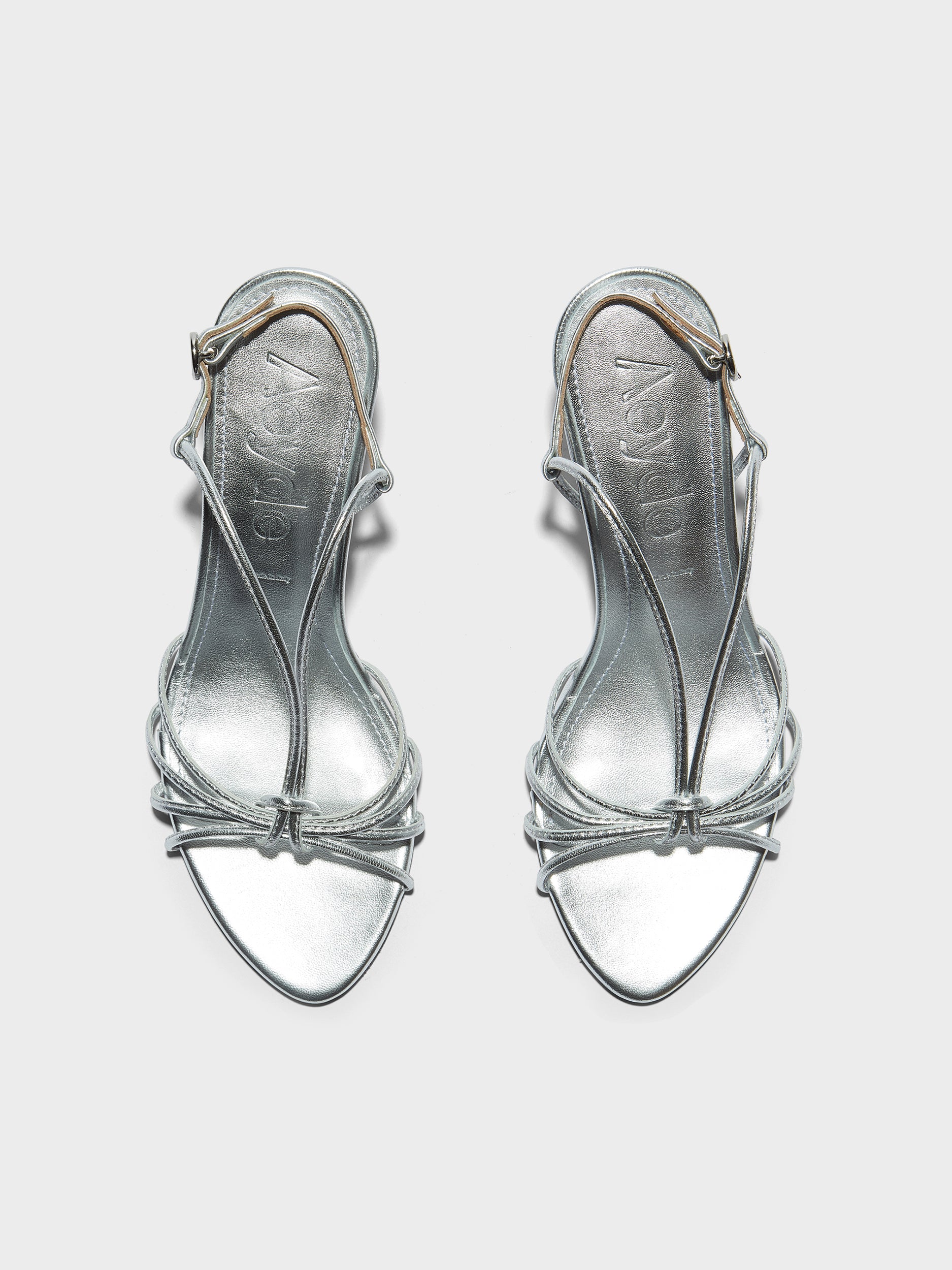Aeyde | Solange Leather Heeled Sandals for Women | Silver Laminated Nappa | Round Toe | High Heel | Front View