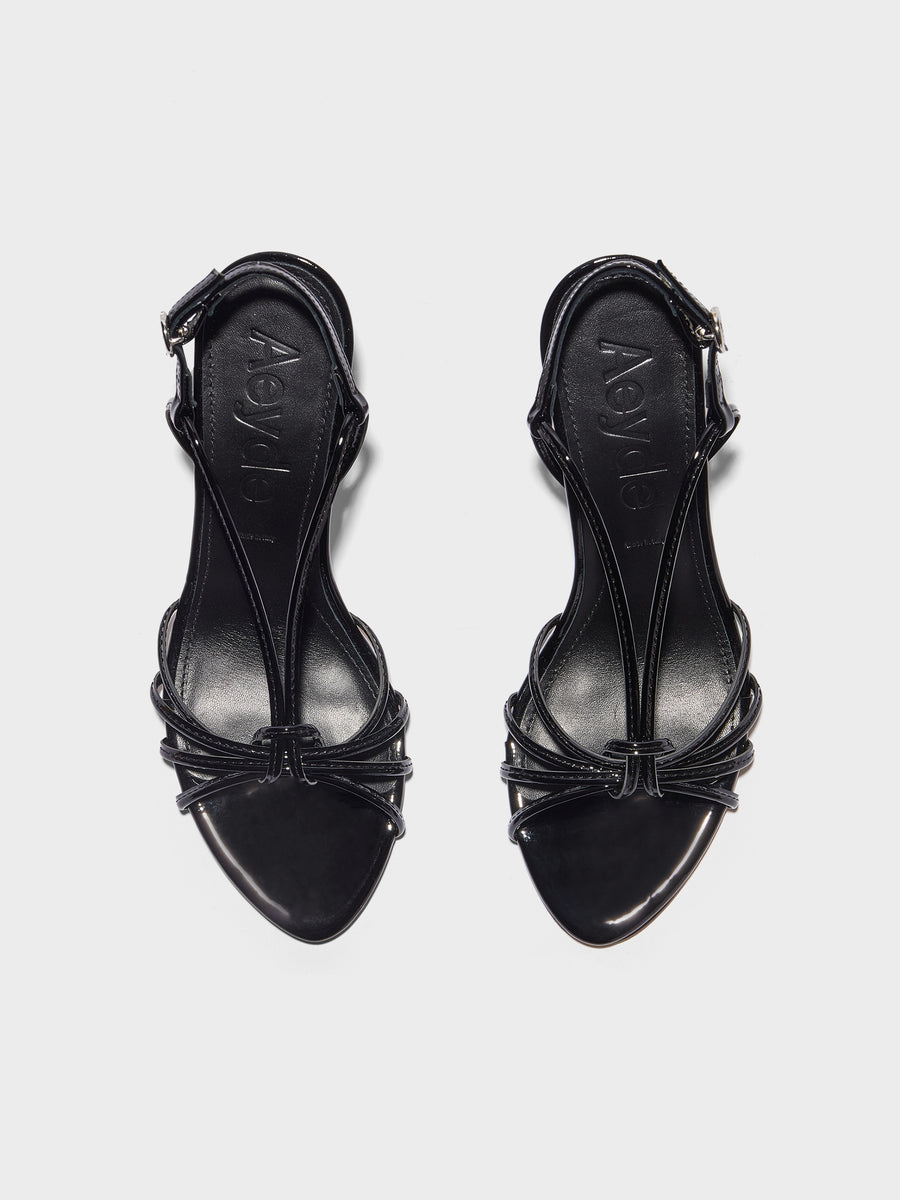 Aeyde | Solange Leather Heeled Sandals for Women | Black Patent | Round Toe | High Heel | Front View