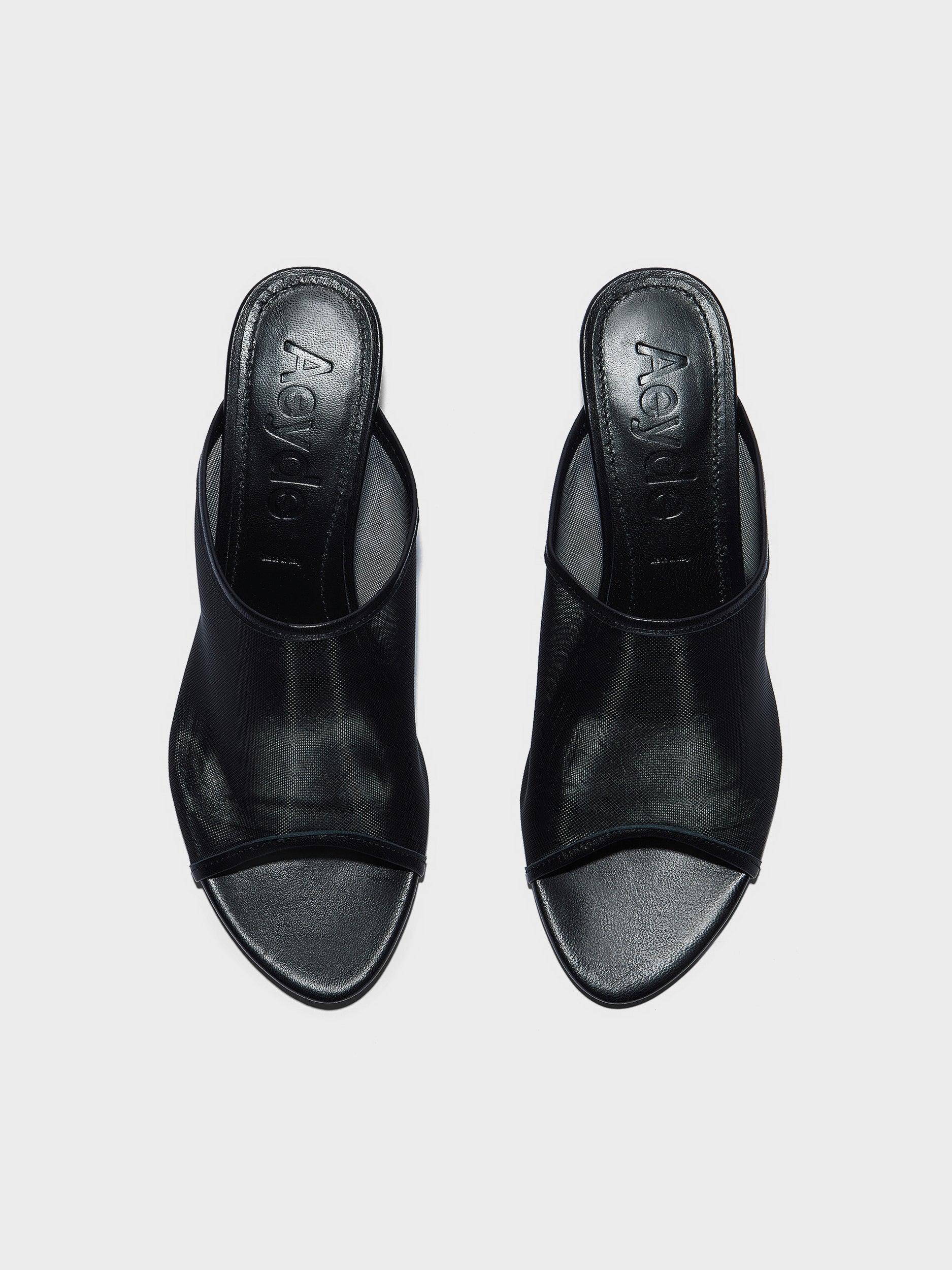 Aeyde | Suzanne Leather Heeled Sandals for Women | Black Mesh/Nappa | Round Toe | Mid Heel | Front View
