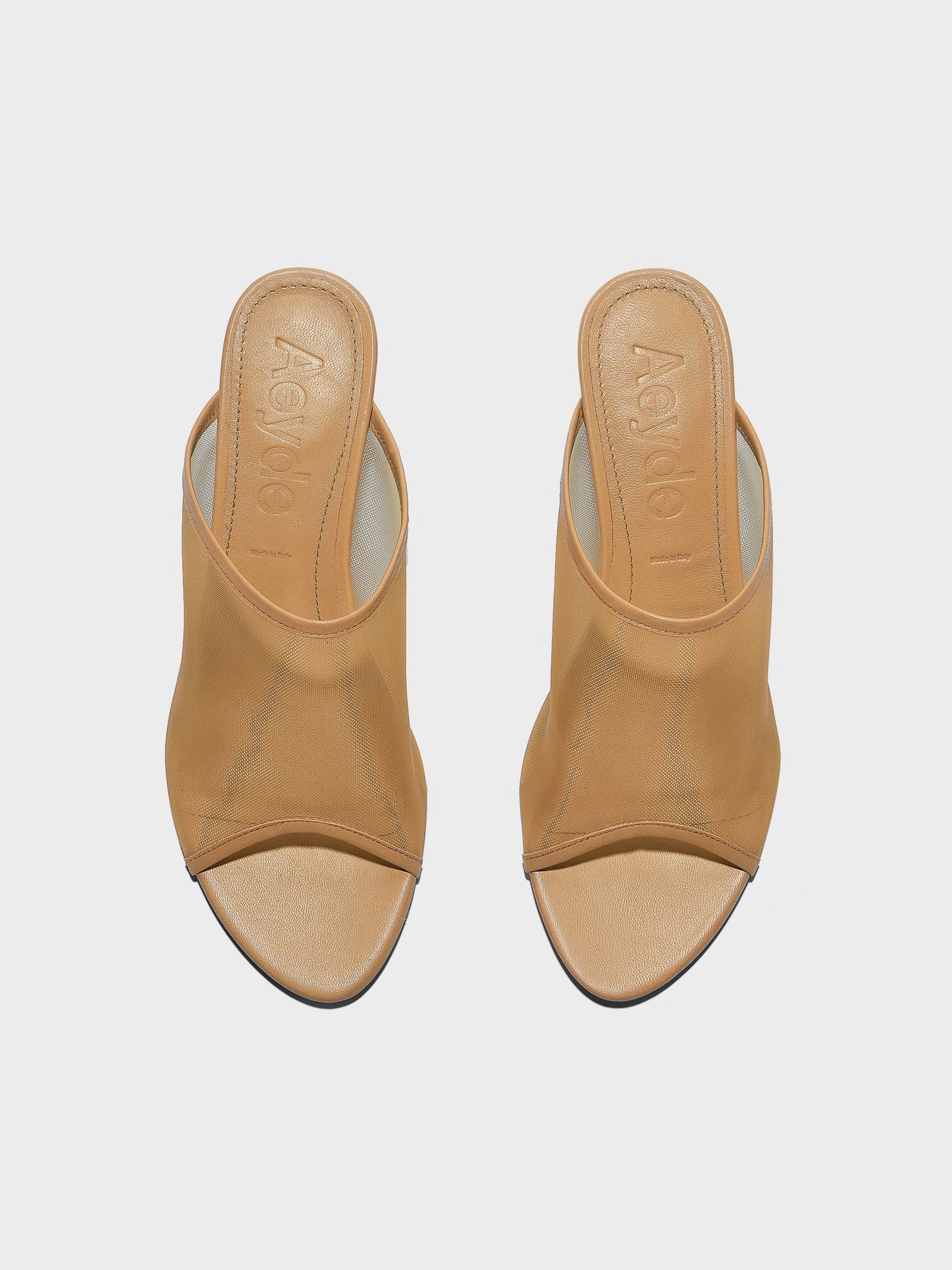 Aeyde | Suzanne Leather Heeled Sandals for Women | Hazelnut Mesh/Nappa | Round Toe | Mid Heel | Front View