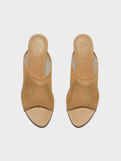 Aeyde | Suzanne Leather Heeled Sandals for Women | Hazelnut Mesh/Nappa | Round Toe | Mid Heel | Front View