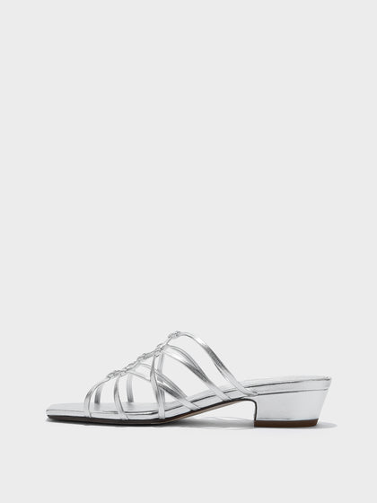 Aeyde | Talha Leather Heeled Sandals for Women | Silver Nappa | Square Toe | Low Heel | Side View