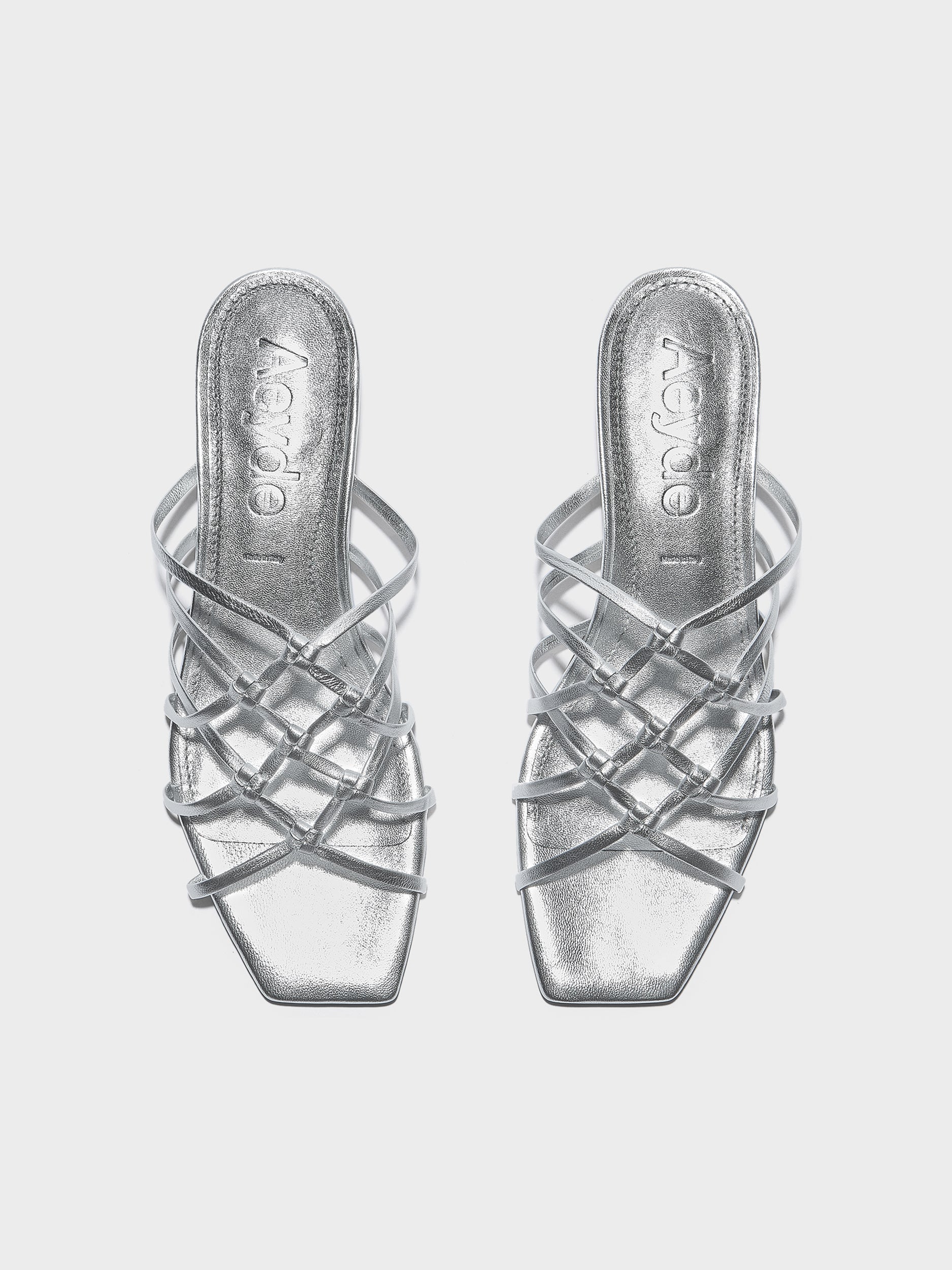 Aeyde | Talha Leather Heeled Sandals for Women | Silver Nappa | Square Toe | Low Heel | Front View