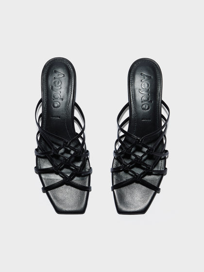 Aeyde | Talha Leather Heeled Sandals for Women | Black Nappa | Square Toe | Low Heel | Front View