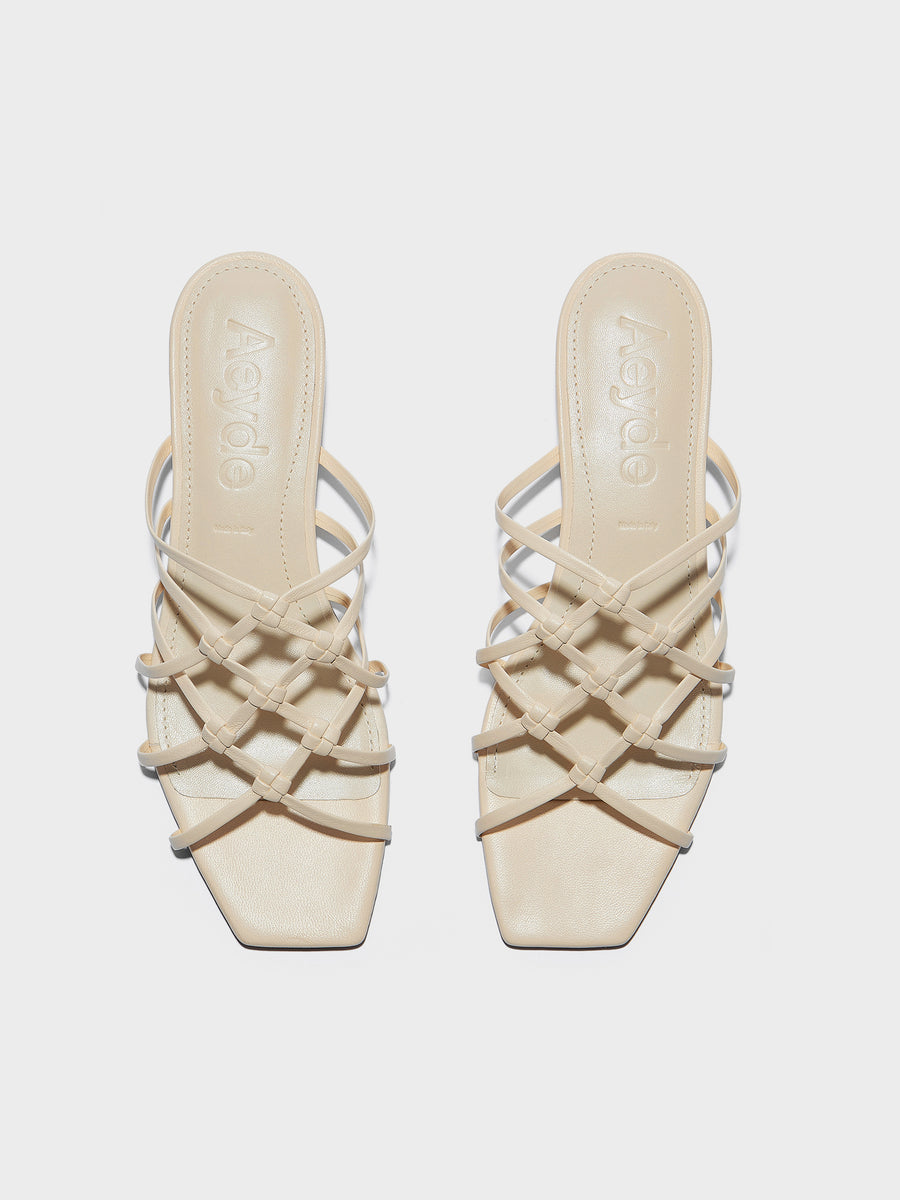 Aeyde | Talha Leather Heeled Sandals for Women | Creamy Nappa | Square Toe | Low Heel | Front View