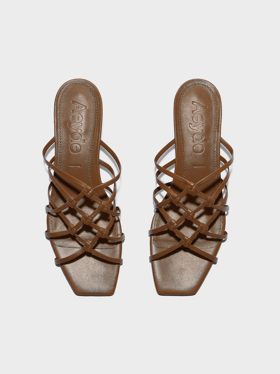 Aeyde | Talha Leather Heeled Sandals for Women | Tobacco Nappa | Square Toe | Low Heel | Front View