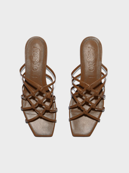 Aeyde | Talha Leather Heeled Sandals for Women | Tobacco Nappa | Square Toe | Low Heel | Front View
