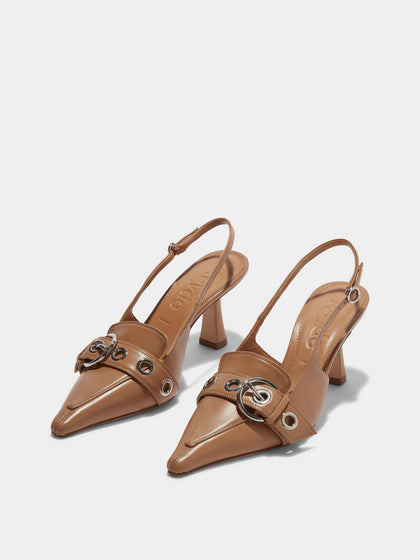 Aeyde | Tara Leather Slingback Pumps Leather Pumps for Women | Hazelnut Nappa | Pointed Toe | High Heel | On Feet