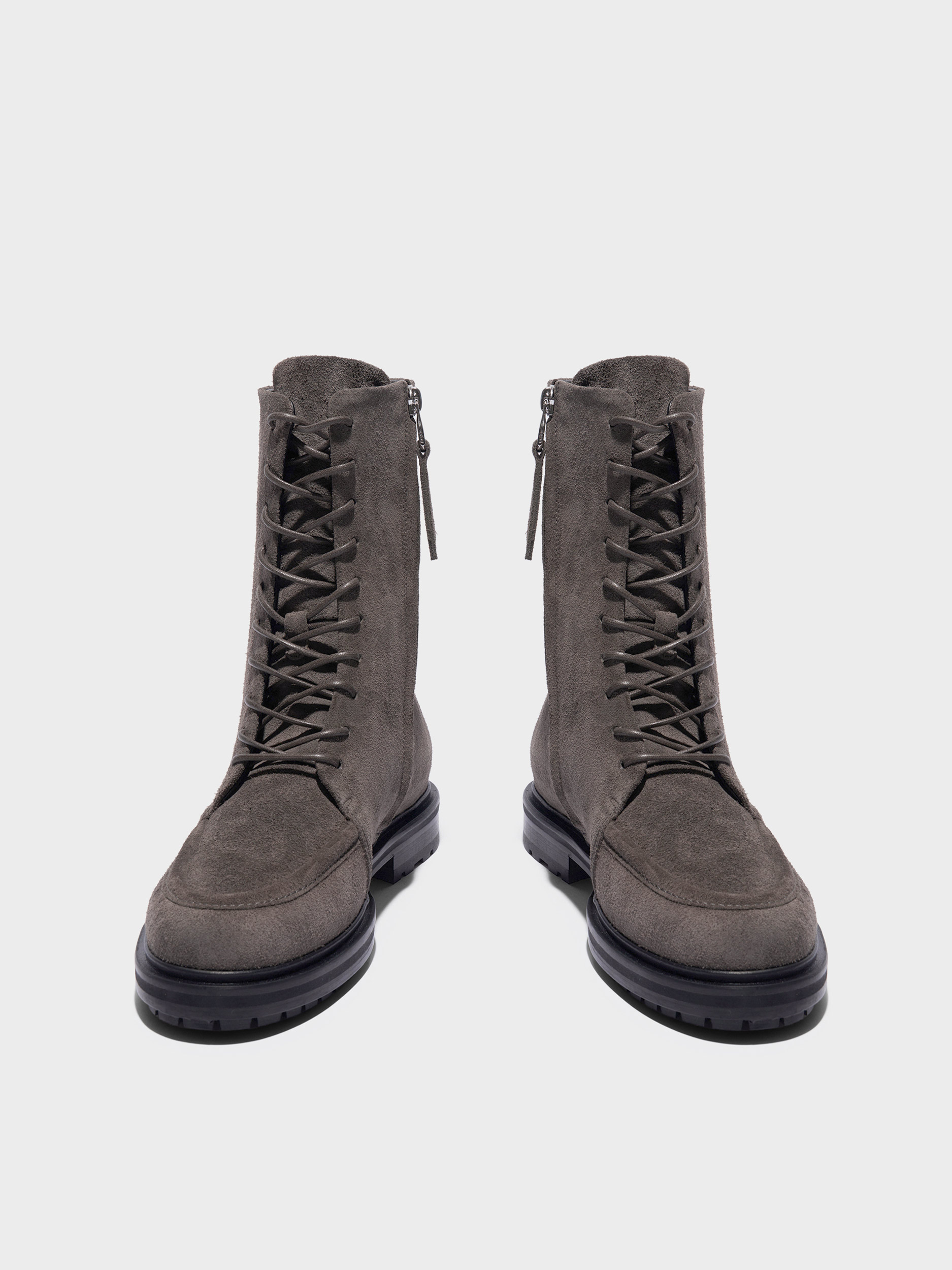 Aeyde | Tate Suede Lace-Up Ankle Boots Leather Ankle Boots for Women | Taupe Suede | Round Toe | Mid Heel | Front View