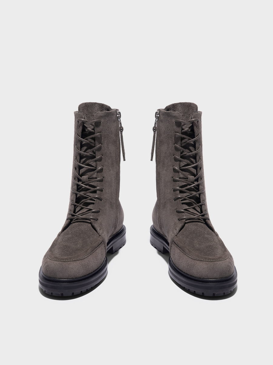 Aeyde | Tate Suede Lace-Up Ankle Boots Leather Ankle Boots for Women | Taupe Suede | Round Toe | Mid Heel | Front View