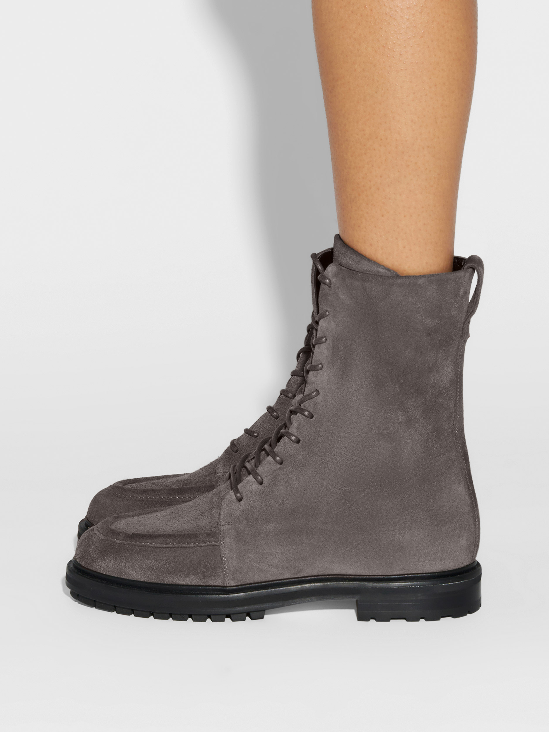 Aeyde | Tate Suede Lace-Up Ankle Boots Leather Ankle Boots for Women | Taupe Suede | Round Toe | Mid Heel | How to Style