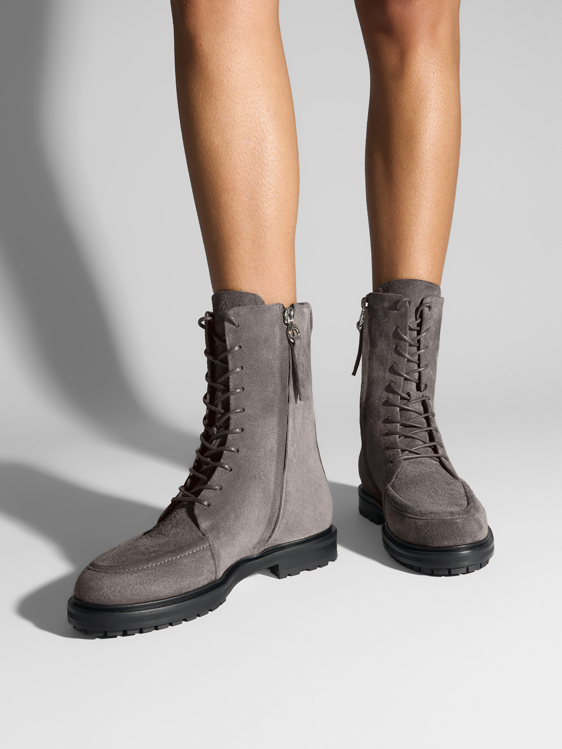 Aeyde | Tate Suede Lace-Up Ankle Boots Leather Ankle Boots for Women | Taupe Suede | Round Toe | Mid Heel | On Feet