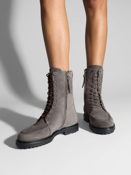Aeyde | Tate Suede Lace-Up Ankle Boots Leather Ankle Boots for Women | Taupe Suede | Round Toe | Mid Heel | On Feet