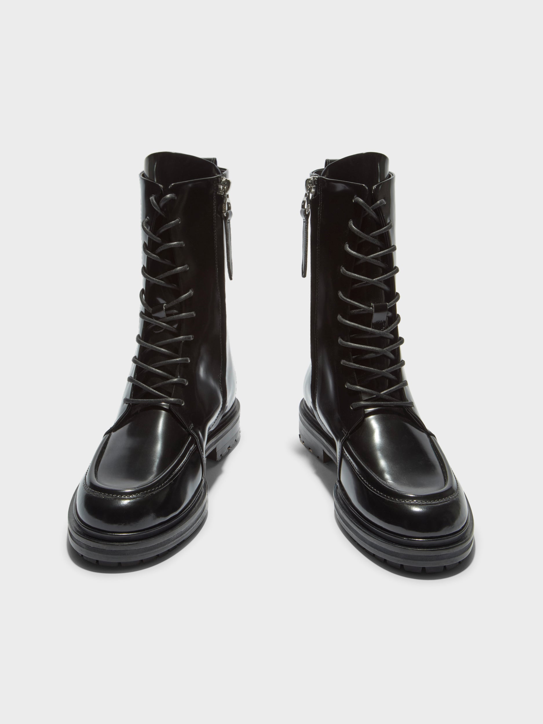 Aeyde | Tate Leather Ankle Boots for Women | Black Polido | Round Toe | Low Heel | Front View