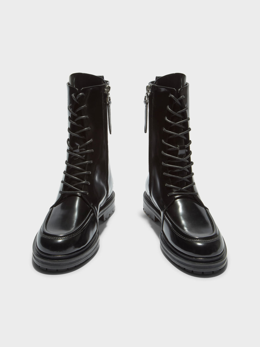Aeyde | Tate Leather Ankle Boots for Women | Black Polido | Round Toe | Low Heel | Front View