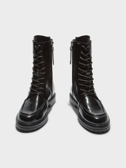 Aeyde | Tate Leather Ankle Boots for Women | Black Polido | Round Toe | Low Heel | Front View
