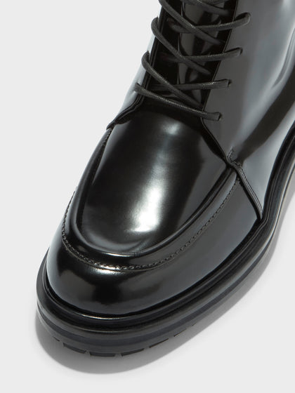 Aeyde | Tate Leather Ankle Boots for Women | Black Polido | Round Toe | Low Heel | Heel Details