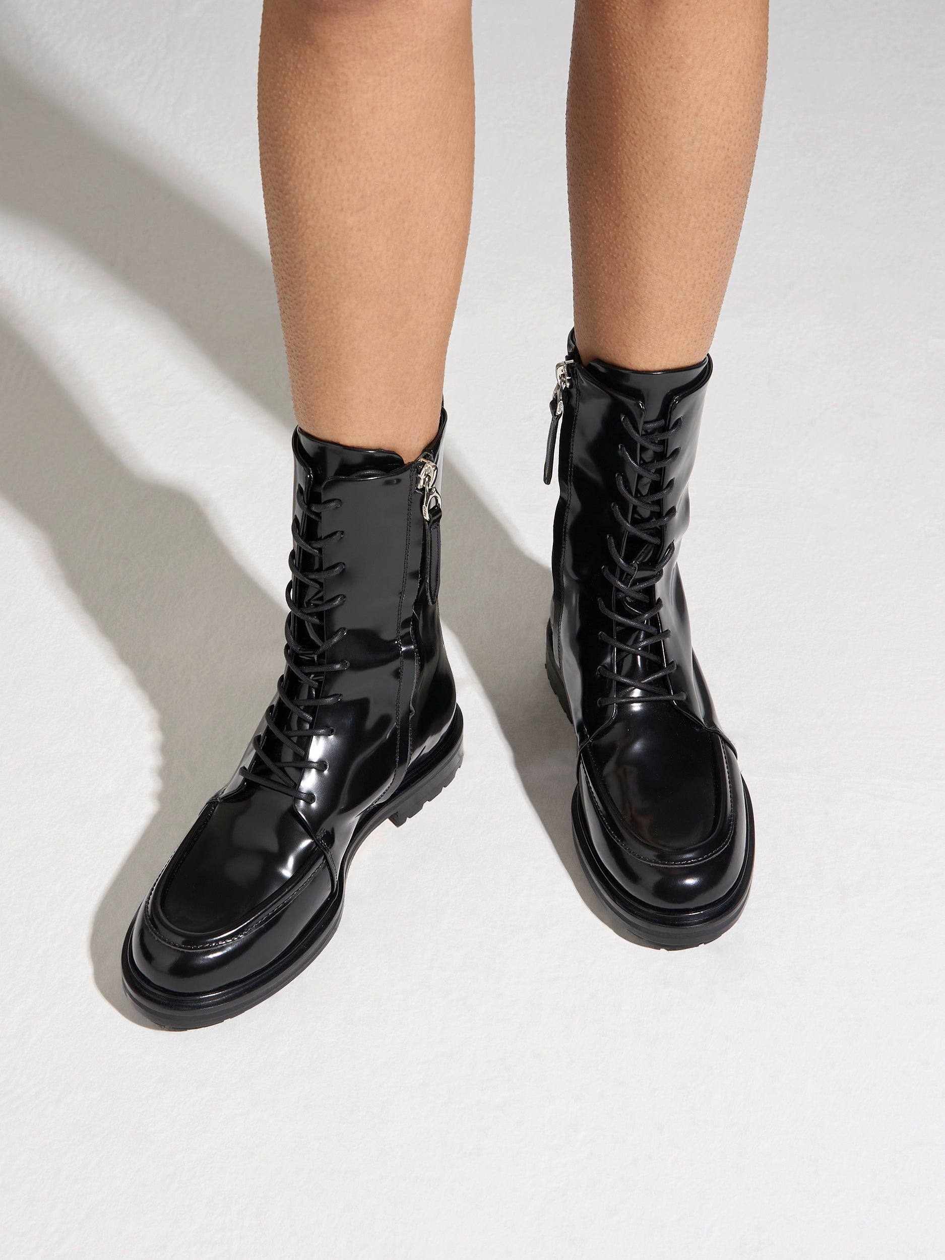 Aeyde | Tate Leather Ankle Boots for Women | Black Polido | Round Toe | Low Heel | On Feet