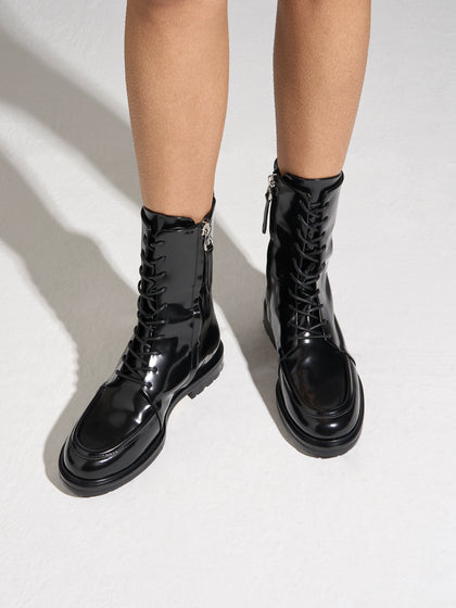 Aeyde | Tate Leather Ankle Boots for Women | Black Polido | Round Toe | Low Heel | On Feet