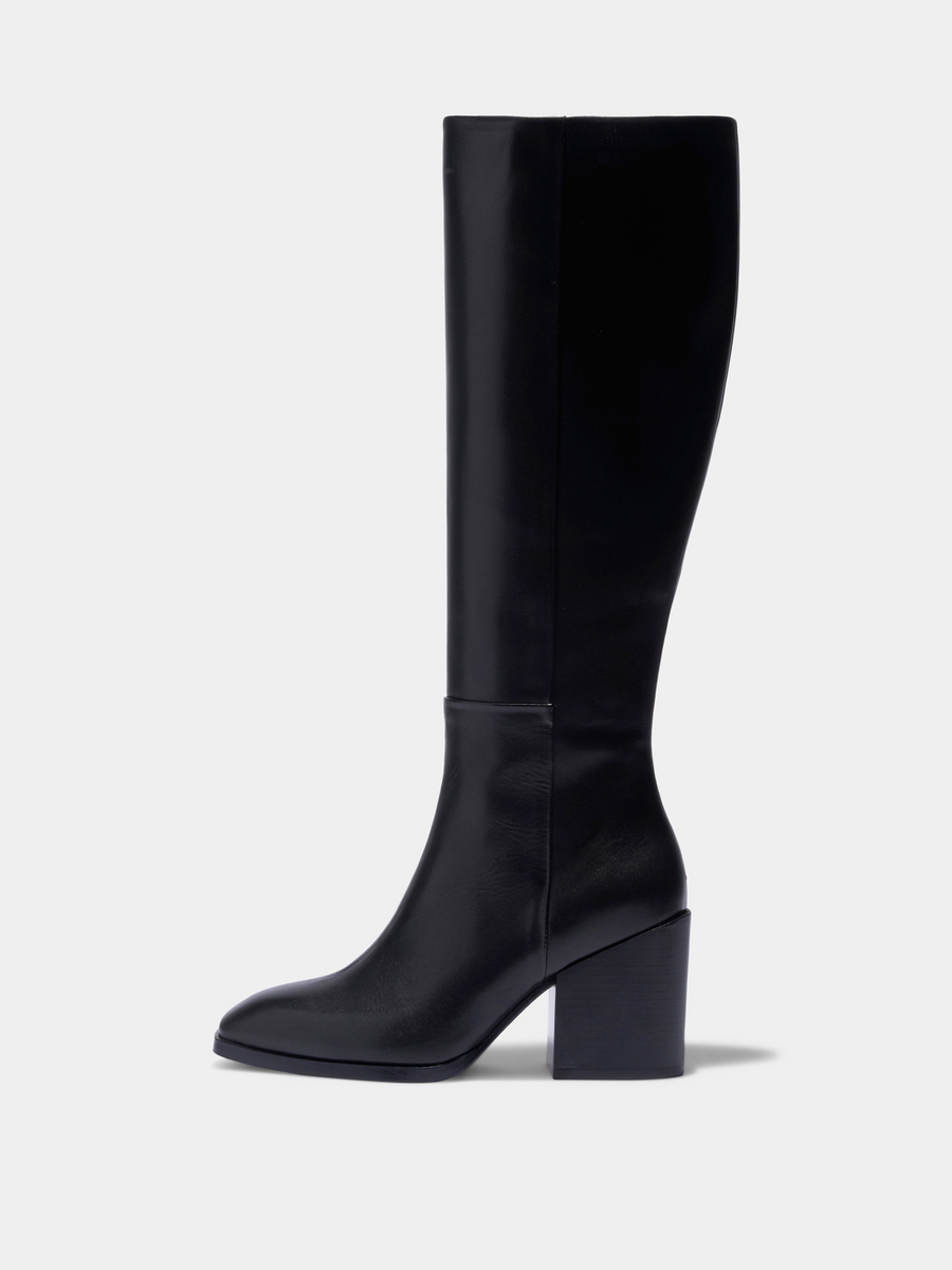 Aeyde | Teresa Leather Knee-High Boots Leather Knee High Boots for Women | Black Calf | Square Toe | High Heel | Side View