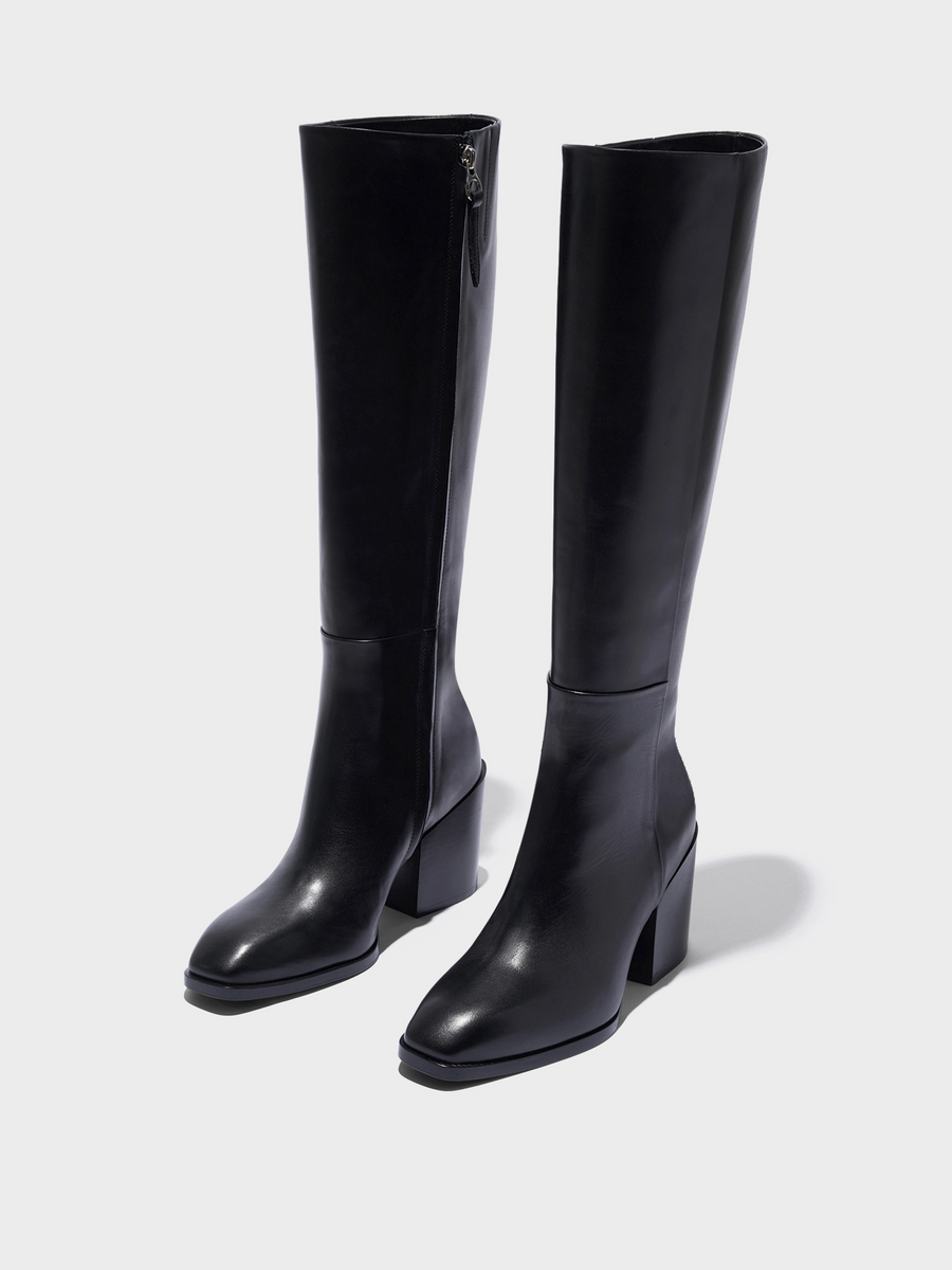 Aeyde | Teresa Leather Knee-High Boots Leather Knee High Boots for Women | Black Calf | Square Toe | High Heel | Luxury Materials | Handmade in Italy